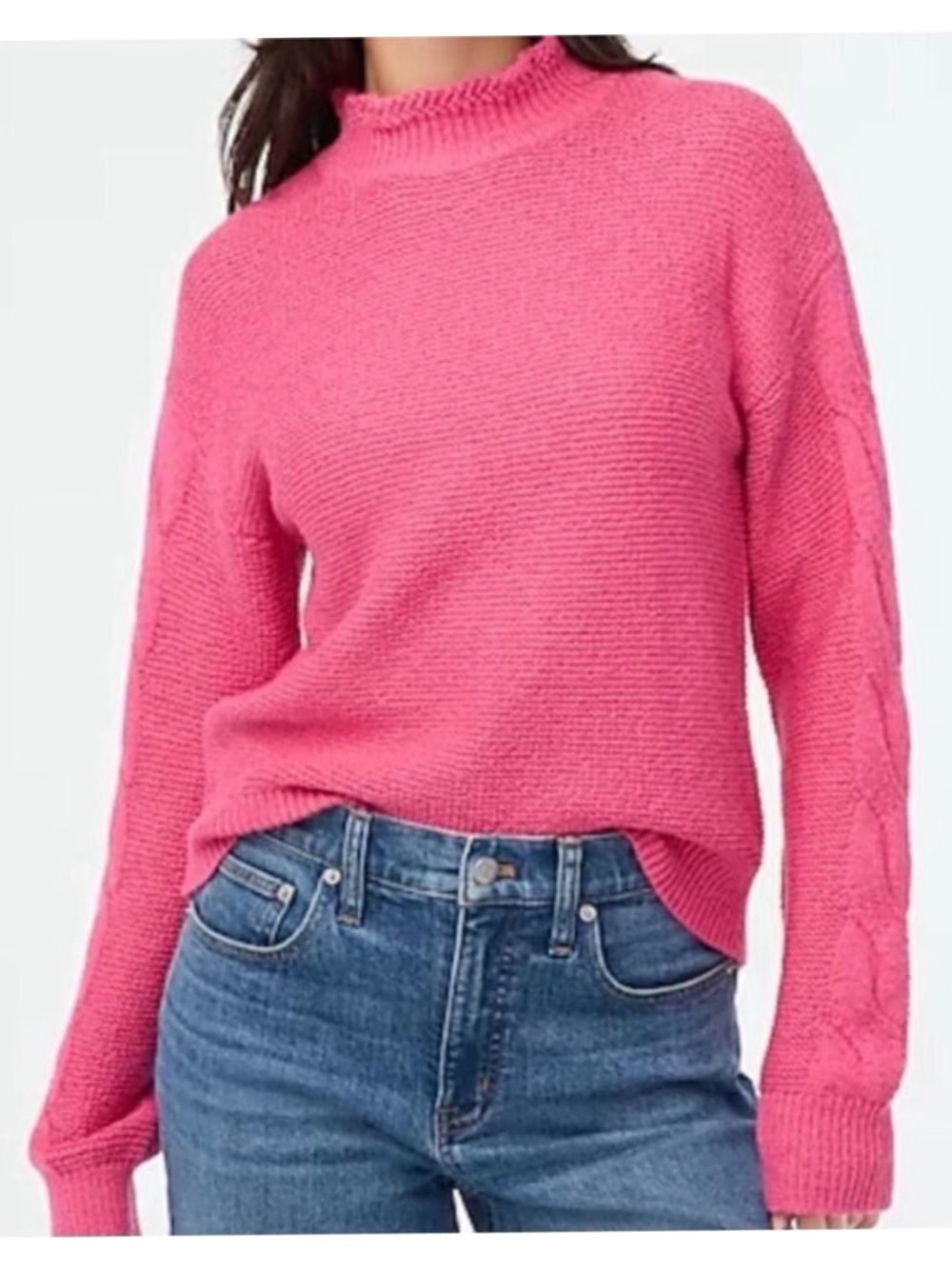 J. Crew Mock Neck Cable Knit Hot Pink Sweater Old Money Preppy Academia Medium